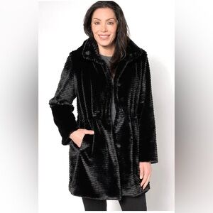 NWOT Dennis Basso Faux Mink Anorak Jacket W/Removable Hood & Pockets Black MP